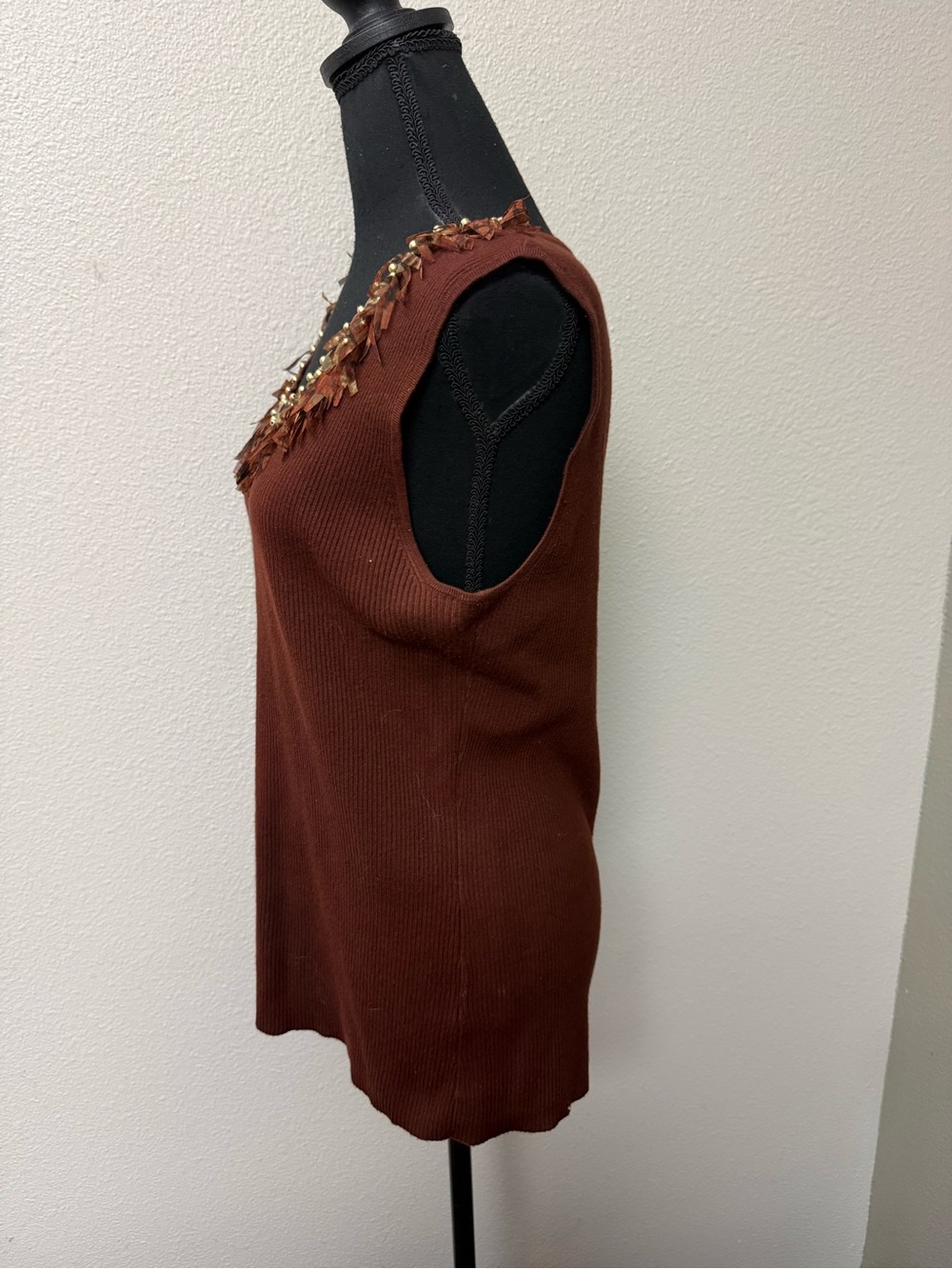 Ruby Rd Brown Embellished Fringe Tank 1X Boho Western Festival Chic Top - Picture 6 of 11